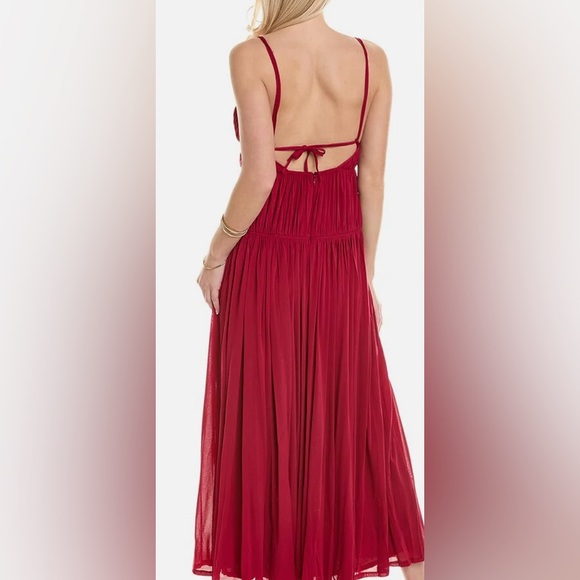 Rebecca Taylor Wine Color Belted Midi Dress: V Neck/Tie Back/Drop Waist/Ruched/6 - Picture 6 of 9